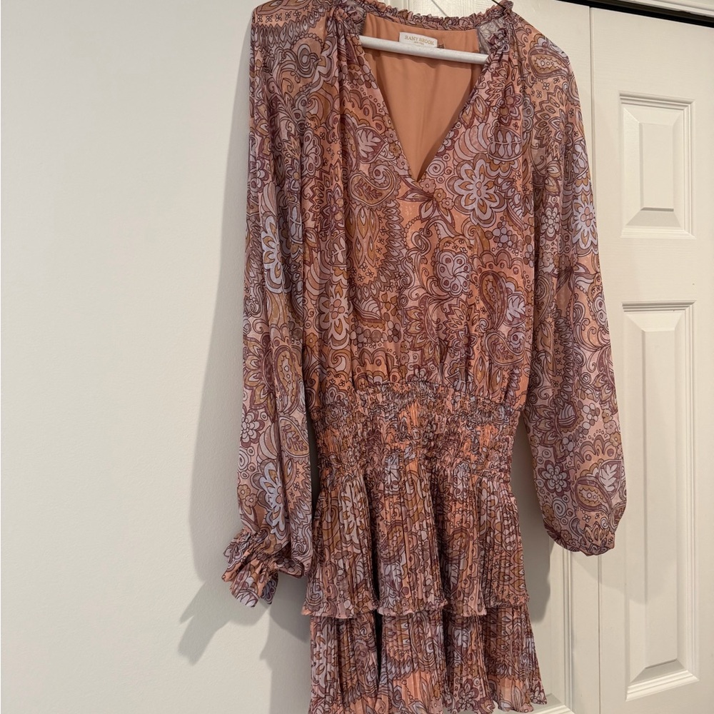 Ramy Brook Peach and White Paisley Long Sleeve Tiered Mini Dress